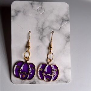 Purple Pumpkin Dangle Earrings with Gold Stars